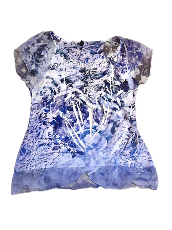 Denver Hayes Tops - Floral Mesh Detail Beaded Short Sleeve Women's Top Whimsigoth fairy Elegant